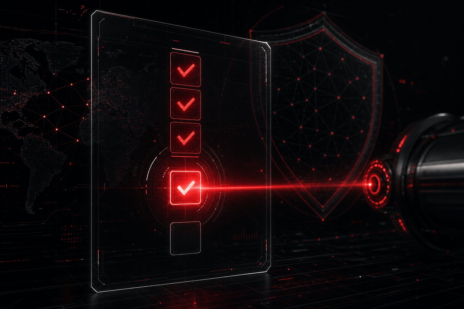 A glowing red checklist interface over a dark shield and network grid, representing a practical small business cybersecurity checklist.