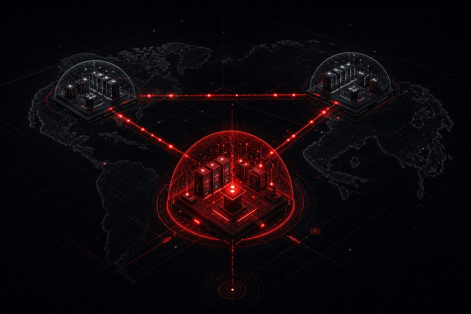 Dark isometric view of three connected data center sites linked by glowing red network paths, representing business IT infrastructure built for redundancy.