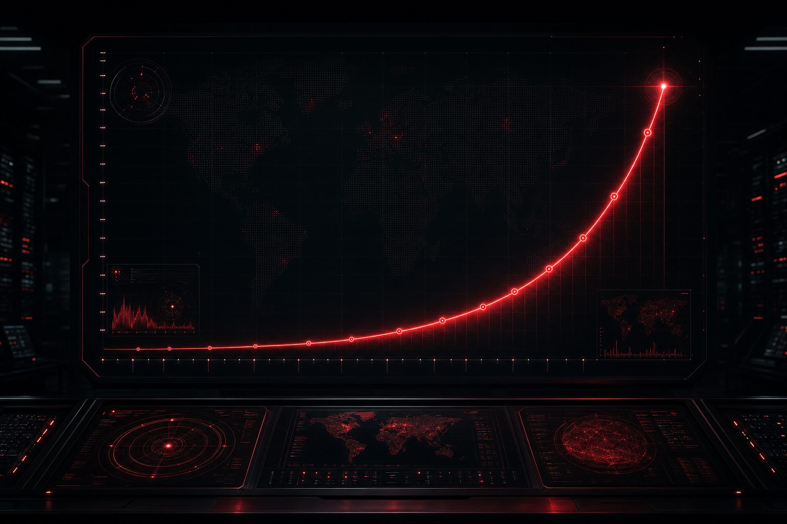 A red compounding growth curve rising across a dark terminal-style timeline grid, representing how SEO results build over months.