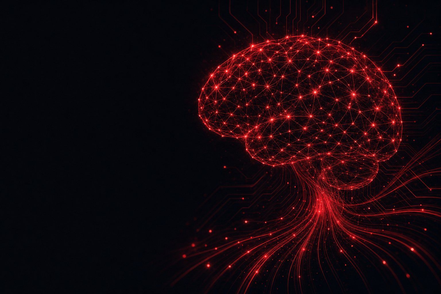 A glowing red neural network forming a brain-like topology with flowing data pathways, representing Defcon-One AI integration and development.