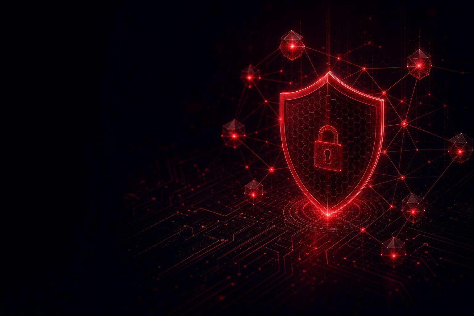 A red digital security shield over a network of nodes with an active alert sweep, representing Defcon-One incident response and data breach containment.