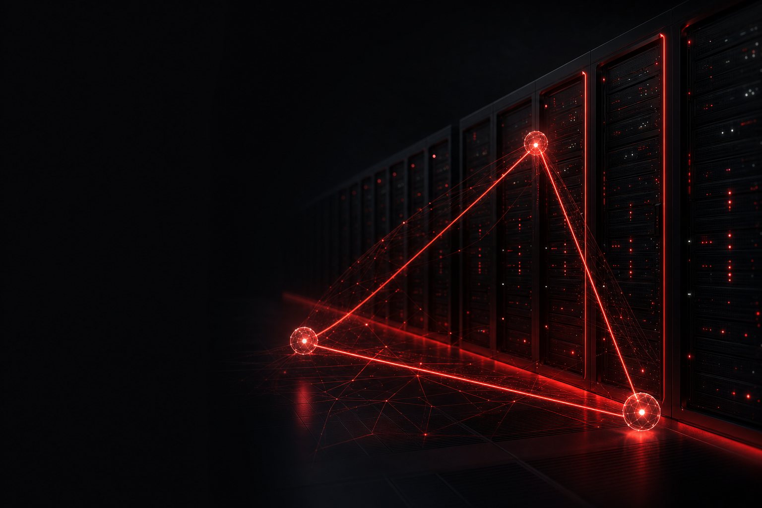 Rows of dark server racks connected by glowing red network lines across three points, representing Defcon-One managed IT and geo-redundant infrastructure.