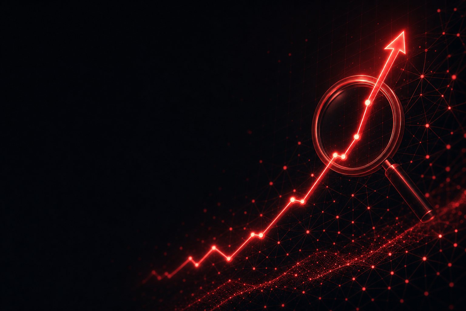An upward-trending red performance graph rising through a network of nodes, representing Defcon-One data-driven SEO and search visibility.