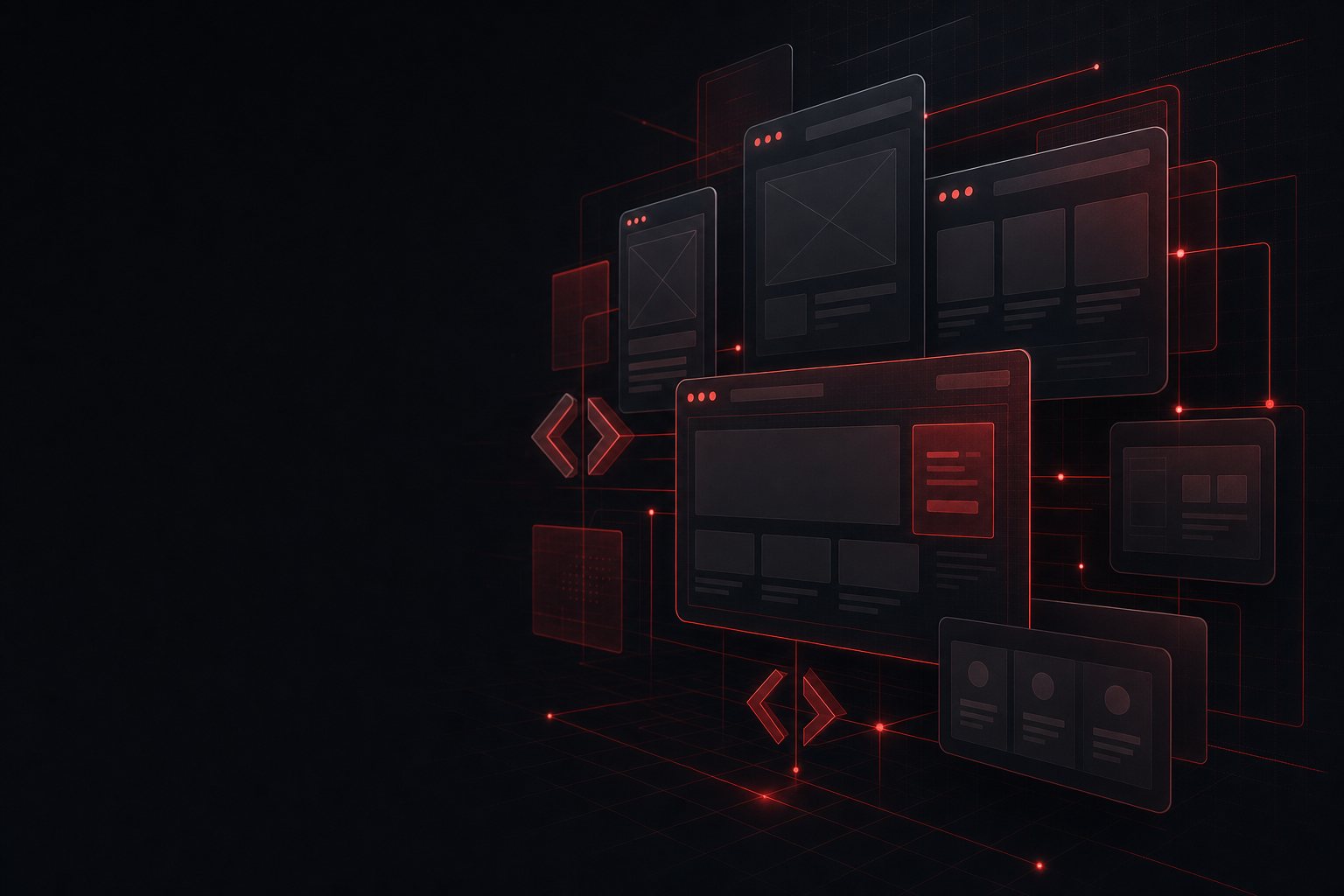 Layered dark browser and UI wireframe panels linked by glowing red lines, representing Defcon-One web development.