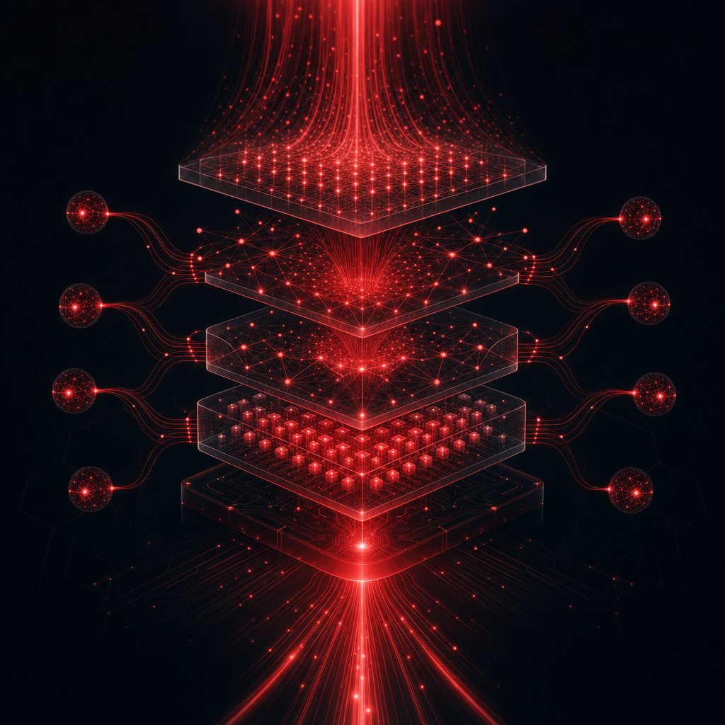 Red data streams flowing through stacked neural layers, representing Defcon-One AI pipelines.