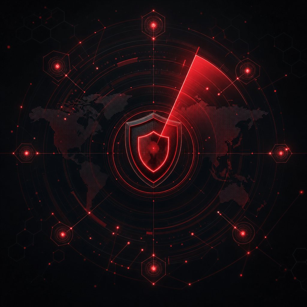 A red threat-detection radar sweep and shield surrounded by data rings, representing Defcon-One security operations during an incident.
