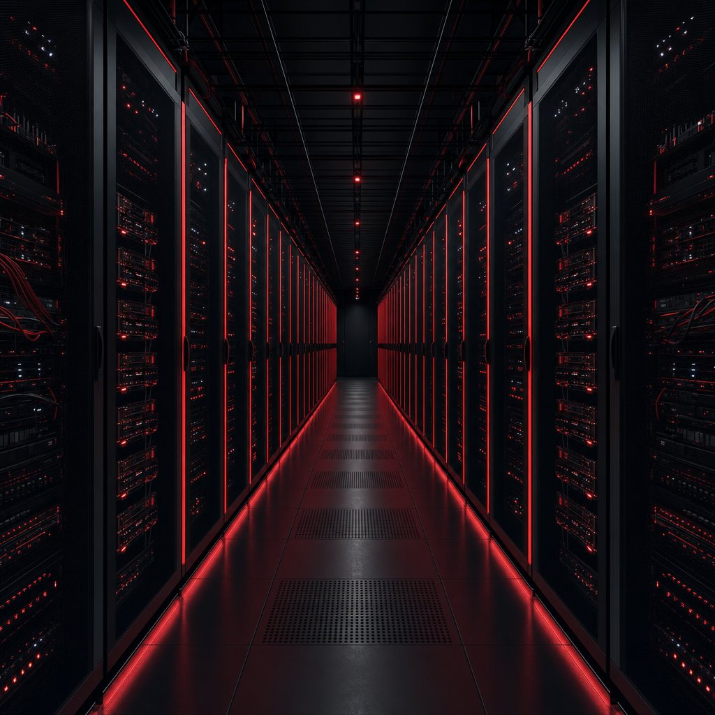 Rows of red-lit server racks receding down a data center aisle, representing Defcon-One managed infrastructure.