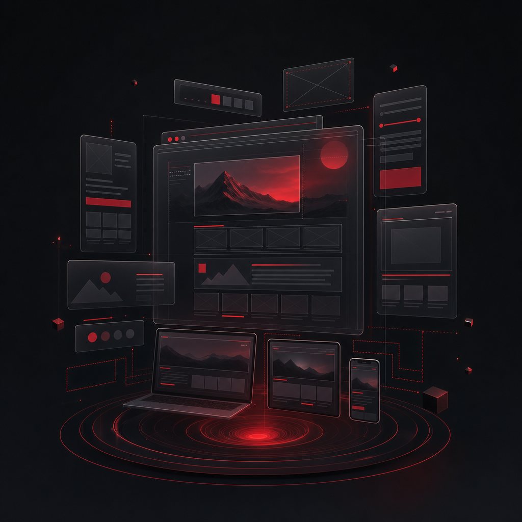 Floating dark browser and UI panels linked by red lines, representing Defcon-One web development.